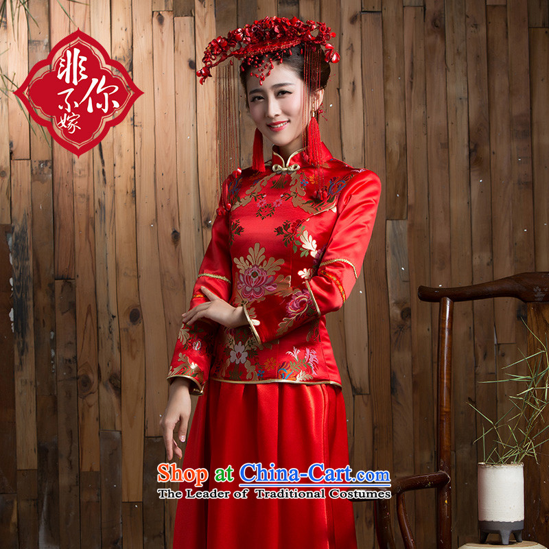 Non-you do not marry 2015 autumn and winter new wedding dress upscale Kam Yi long skirt classical collar bows serving Chinese red color Sau San embroidery cheongsam wedding gown red XL, non-you do not marry shopping on the Internet has been pressed.