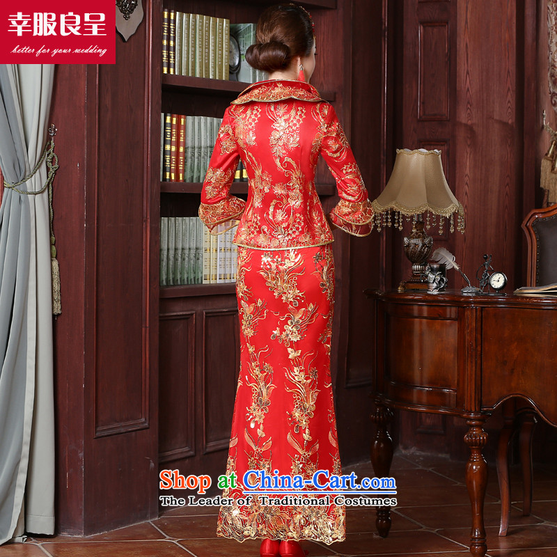 Red bows service bridal dresses with long 2015 New Chinese wedding dress back door service wedding dress 7 cuff -leung to honor, , , , shopping on the Internet