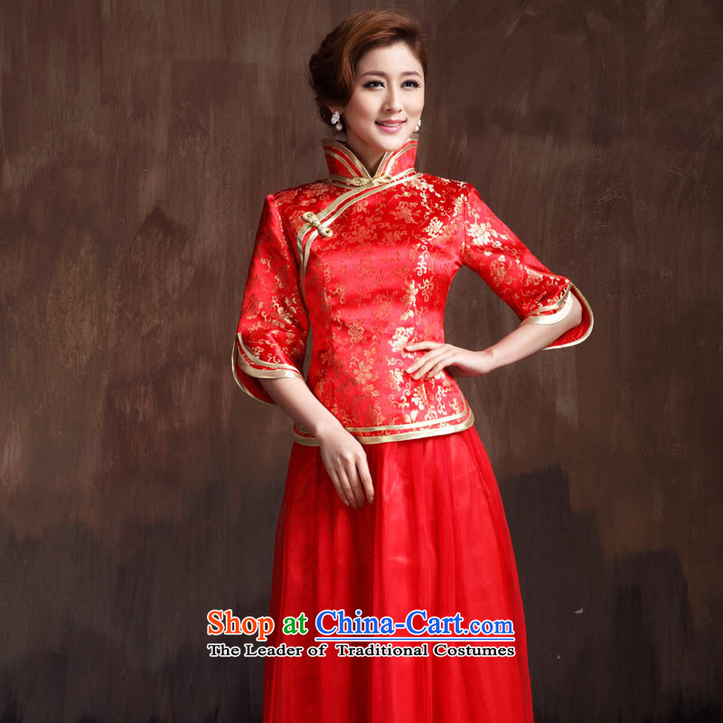 Non-you do not marry?autumn 2015 new wedding dress noble damask cheongsam with Chinese improved retro-serving a seven-cuff bows Sau San embroidery wedding dress red?L