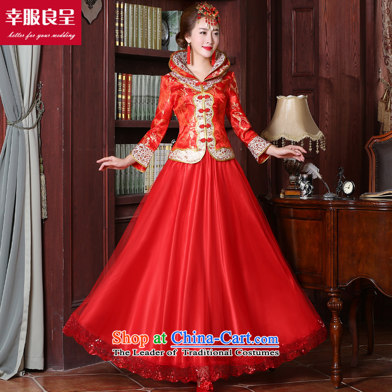 Toasting champagne served Chinese qipao bride wedding dress girl brides with red 2015 new re-door service long wedding gown of 9 Cuff?M