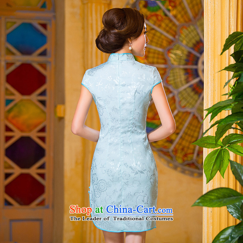 Time Syrian  women's autumn 2015 new ethnic Chinese Embroidery Stamp retro look like video thin Sau San short-sleeved cheongsam dress light green S time Syrian shopping on the Internet has been pressed.