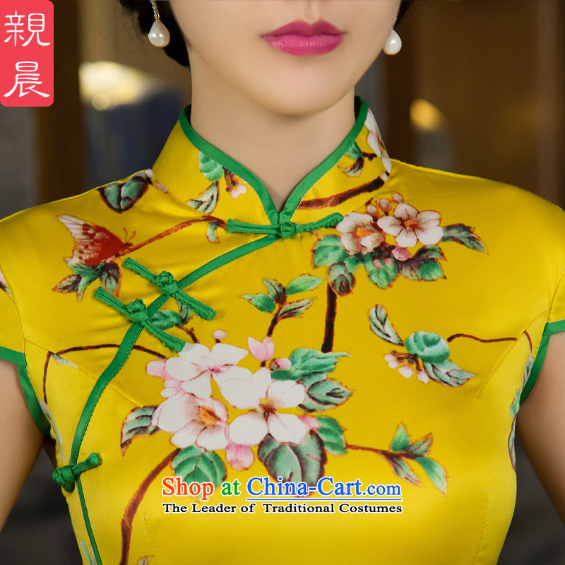 The pro-am daily Silk Cheongsam long 2015 new improved cheongsam dress retro Sau San short-sleeved yellow peach flowers fall Ms. Green Side of the 10-day shipment of 2XL-- pro-am , , , shopping on the Internet