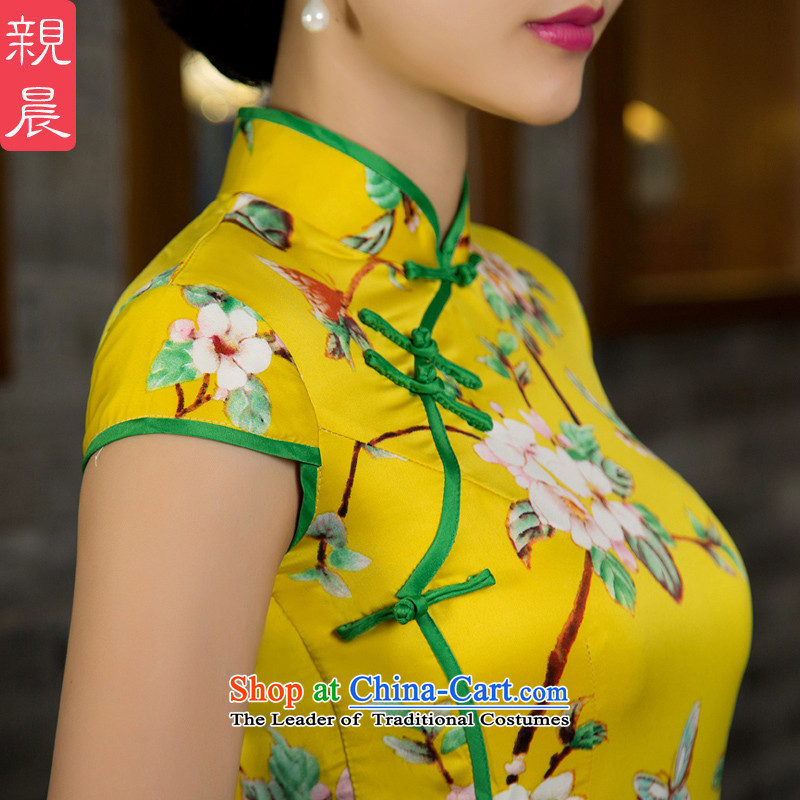 The pro-am daily Silk Cheongsam long 2015 new improved cheongsam dress retro Sau San short-sleeved yellow peach flowers fall Ms. Green Side of the 10-day shipment of 2XL-- pro-am , , , shopping on the Internet