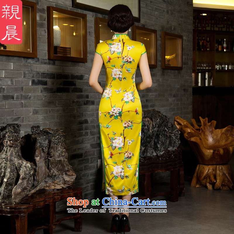 The pro-am daily Silk Cheongsam long 2015 new improved cheongsam dress retro Sau San short-sleeved yellow peach flowers fall Ms. Green Side of the pro-am M , , , shopping on the Internet