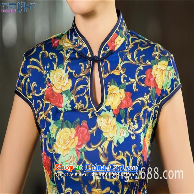 The new summer long Silk Cheongsam Sau San short-sleeved cheongsam dress collar cheongsam dress 11014, L, blue rain butterfly according to , , , shopping on the Internet
