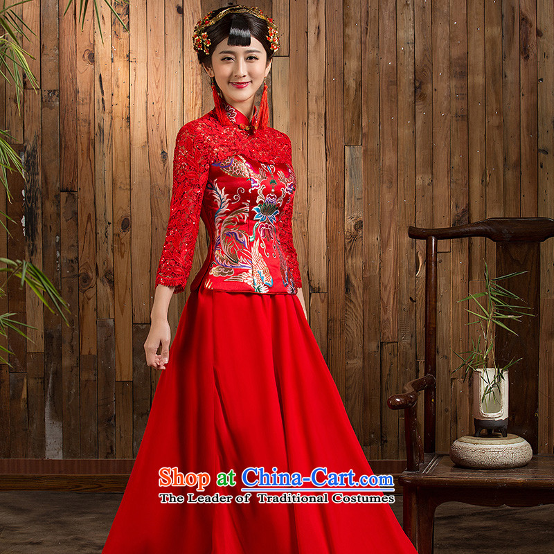 Non-you do not marry autumn 2015 new wedding dress lace engraving on Chinese style wedding dresses Sau San 7 cuff long skirt bows to disk port wedding dress 2XL, Red non-you do not marry shopping on the Internet has been pressed.