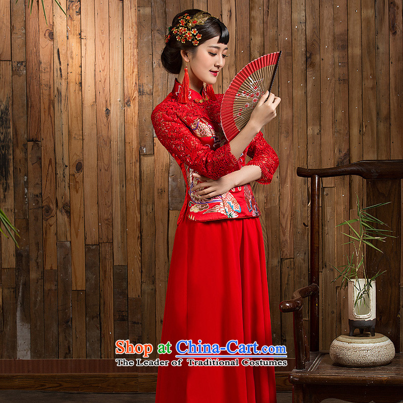 Non-you do not marry autumn 2015 new wedding dress lace engraving on Chinese style wedding dresses Sau San 7 cuff long skirt bows to disk port wedding dress 2XL, Red non-you do not marry shopping on the Internet has been pressed.