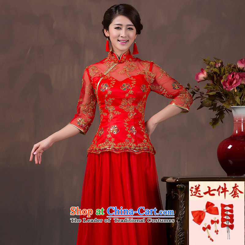 You do not marry non-fall new wedding dress lace chain link fence collar cheongsam red retro-port bows services embroidery Sau San double dress wedding gown Red 7 piece set 4XL, served non-you do not marry shopping on the Internet has been pressed.
