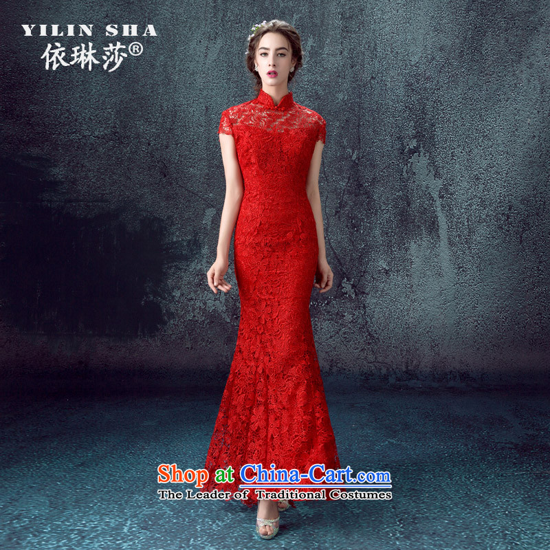 According to Lin Sha evening dresses new 2015 autumn and winter retro crowsfoot bride bows service long red cheongsam dress married Sau San Red?S