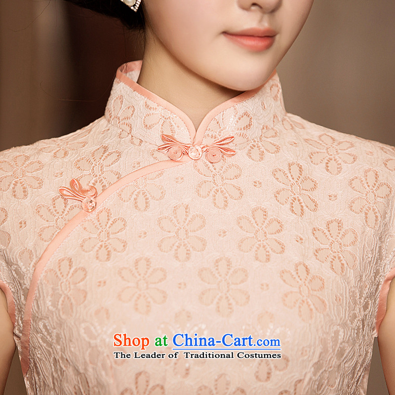 Time Syrian 2015 skirt new autumn cheongsam with lace pink Sau San cheongsam dress retro elegant qipao gown banquet improved apricot XXL, time Syrian shopping on the Internet has been pressed.