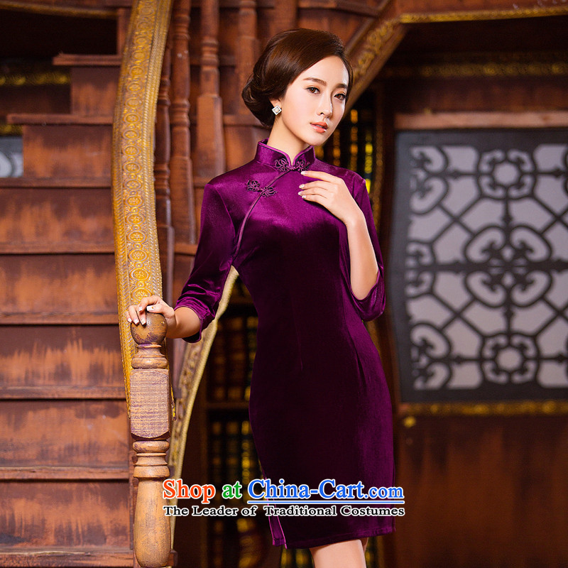 The Syrian Arab Republic  2015 autumn and winter time qipao 7 cuff improved qipao Stretch Wool forming the skirt Chinese Kim superior aubergine short skirt mother boxed fuchsia cheongsam ,L,Time Syrian shopping on the Internet has been pressed.