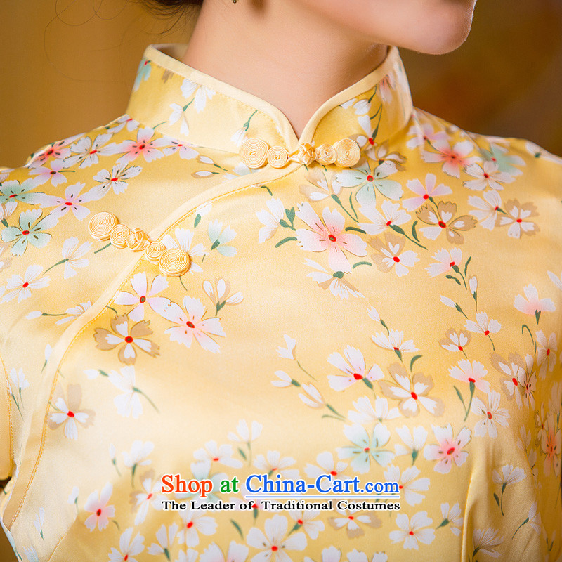 Time improved new qipao Syrian fall short of 2015 cheongsam dress retro daily cheongsam dress Ms. Tang dynasty light yellow light yellow M time qipao Syrian shopping on the Internet has been pressed.