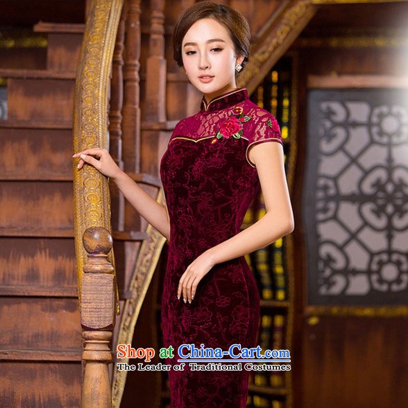 The five senses the new 2015 figure Kim velvet lace cheongsam dress daily Stylish retro qipao short of improvement and sexy package and red S Five-sense Qipao (WUGANTU) , , , shopping on the Internet