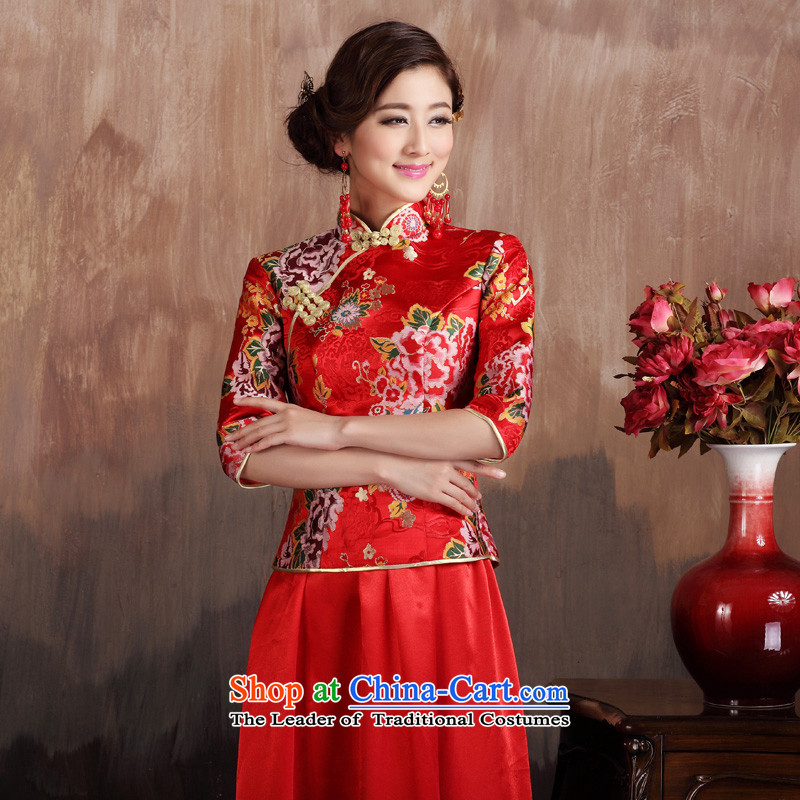Non-you do not marry 2015 new red wedding dress peony flowers embroidered coin qipao 7 Cuff Yun Jin long skirt back door onto the wedding dress bows services plus cotton, long-sleeved winter M Non-you do not marry shopping on the Internet has been pressed