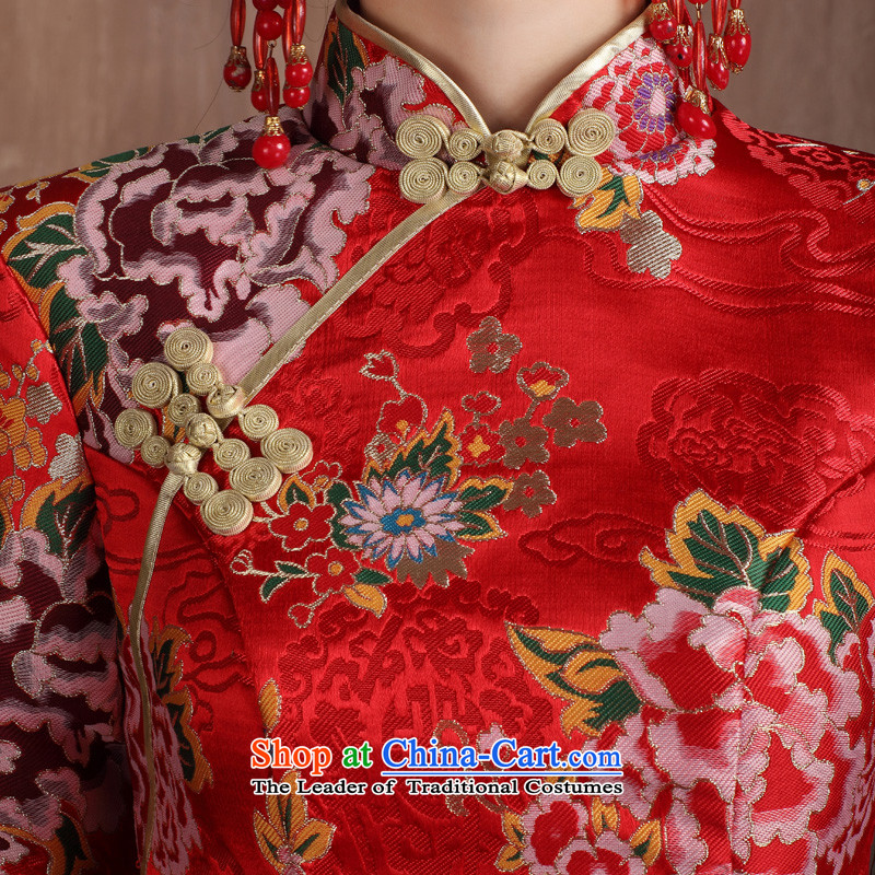 Non-you do not marry 2015 new red wedding dress peony flowers embroidered coin qipao 7 Cuff Yun Jin long skirt back door onto the wedding dress bows services plus cotton, long-sleeved winter M Non-you do not marry shopping on the Internet has been pressed