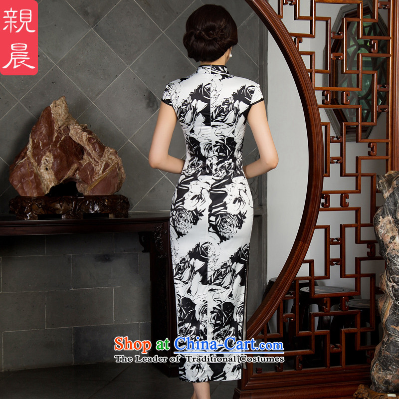 The pro-am daily silk cheongsam dress long 2015 new improved female cheongsam dress large retro Ms. long - Ink Black and White Rose M, PRO-AM , , , shopping on the Internet