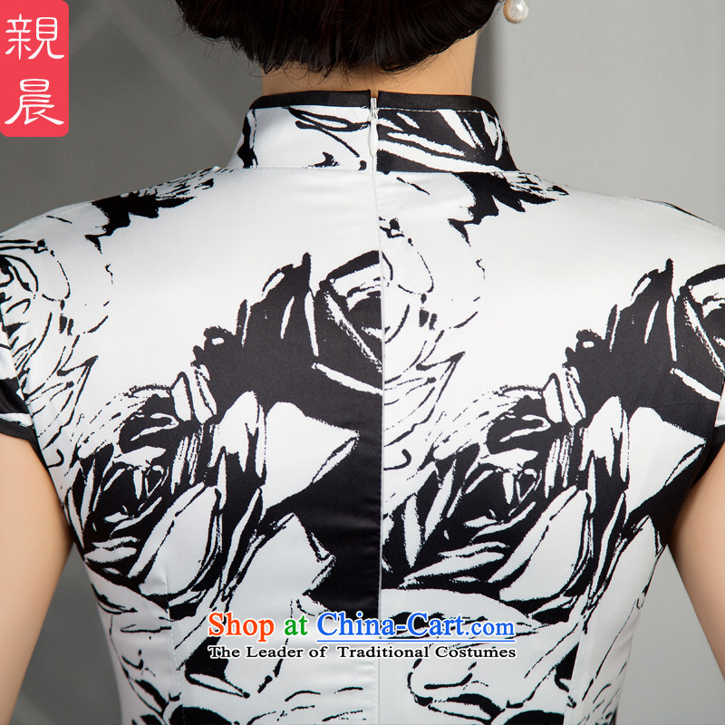 The pro-am daily silk cheongsam dress long 2015 new improved female cheongsam dress large retro Ms. long - Ink Black and White Rose M, PRO-AM , , , shopping on the Internet