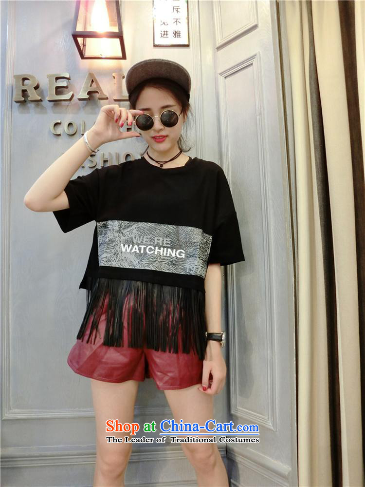 Ya-ting stylish shops fall 2015 new Korean female Pure cotton T-shirt with round collar edging letters loose short, short-sleeved T-shirt black are code pictures, prices, brand platters! The elections are supplied in the national character of distribution, so action, buy now enjoy more preferential! As soon as possible.