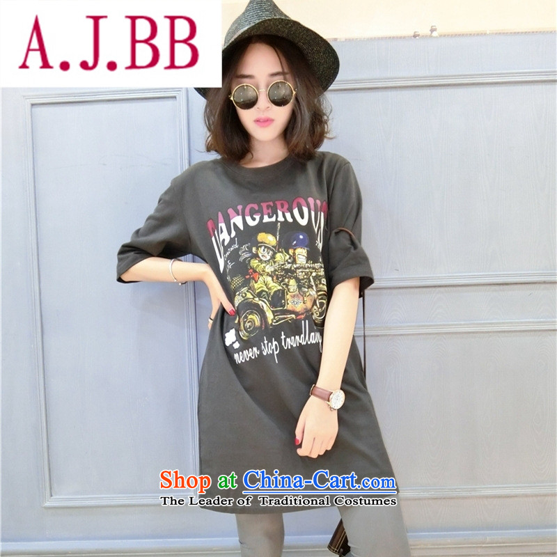 Ya-ting stylish shops 2015 Autumn replacing the new Korean version of T-shirts, cuff round-neck collar loose long cartoon figure forming the Pure cotton T-shirts are black code ,A.J.BB,,, shopping on the Internet