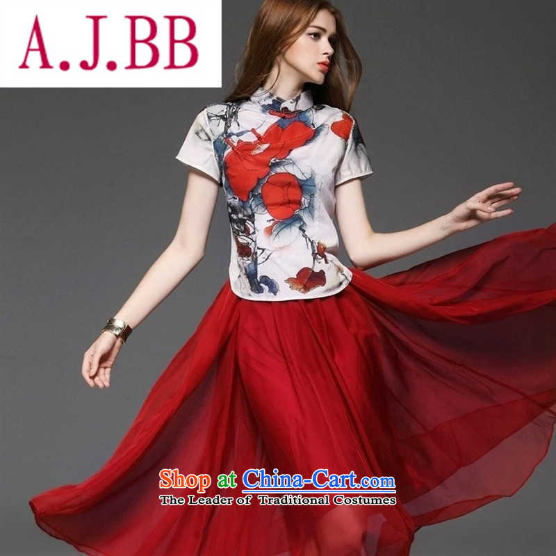 Vpro only H0829 dress european sites by 2015 new disc deduction of colored ink stamp cheongsam dress shirt + Red China wind package concept real-?XL