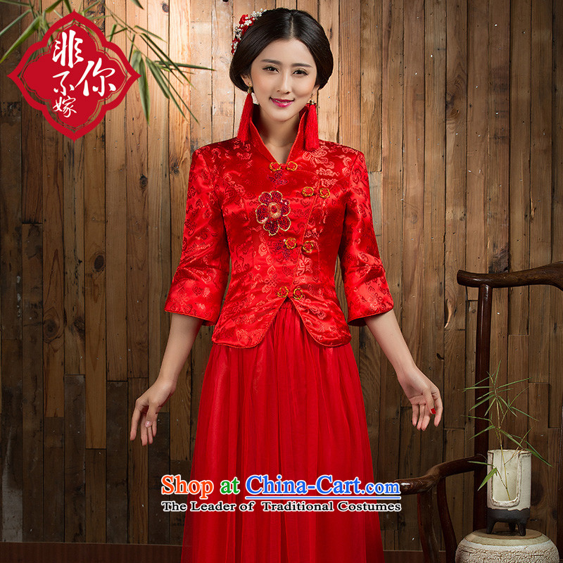 Non-you do not marry 2015 autumn and winter new bows services trendy wedding dress code long cheongsam embroidery collar wedding gown 7 cuff damask bride serving a seven-sleeved thick winter, M, non-you do not marry shopping on the Internet has been press