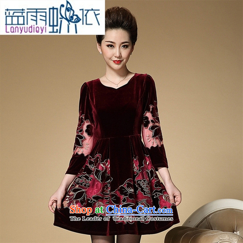 Ya-ting shop with new moms autumn replacing embroidery embroidered dress Korean high-end temperament of older Kim scouring pads long-sleeved dresses, wine red?XXL