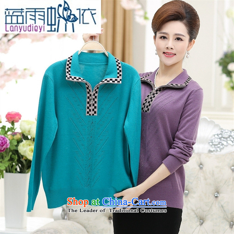 Ya-ting shop new products in the autumn of older women Knitted Shirt lapel of long-sleeved T-shirt middle-aged women T-shirt with large raise Mother 110, blue rain butterfly according to , , , shopping on the Internet