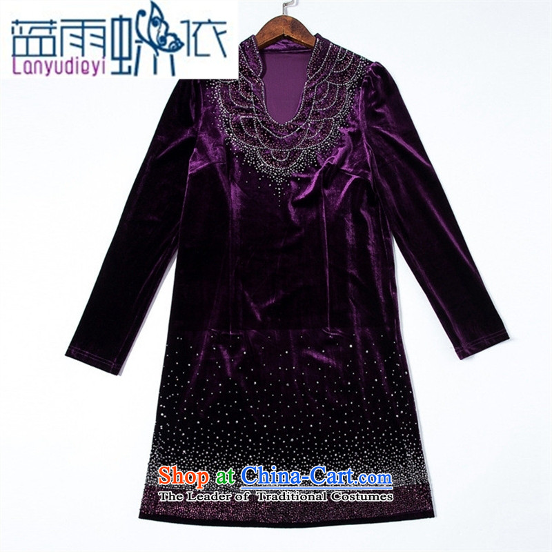 Ya-ting shop autumn and winter mother dresses of the middle-aged iron drill Sau San Kim velvet in older women's larger skirts XXXXL, Purple Butterfly according to , , , Blue rain shopping on the Internet
