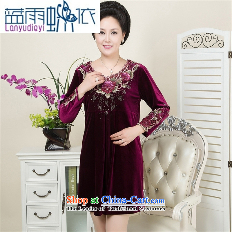 Ya-ting shop 2015 autumn and winter new high-end large number of elderly persons with long-sleeved Gold Mother velvet stamp skirts purple?L