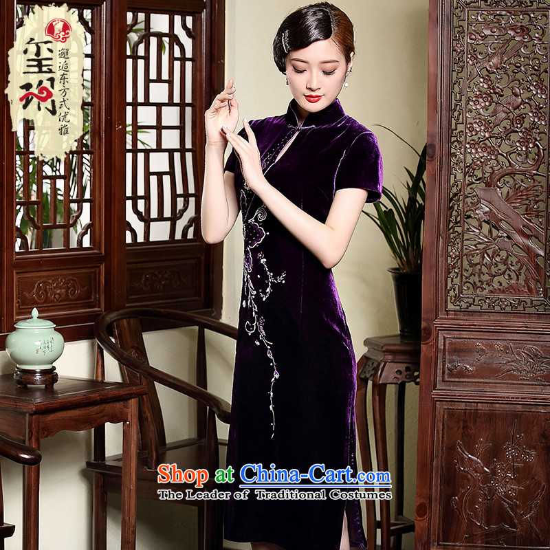 The fall of the new seal really elegant qipao drill ironing velvet retro dripping collar mother dress cheongsam dress purple?XL