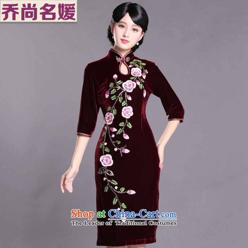 Joe was aristocratic Kim Choo skirt gathering scouring pads cheongsam dress in long-sleeved red wine SRDZ004?XL