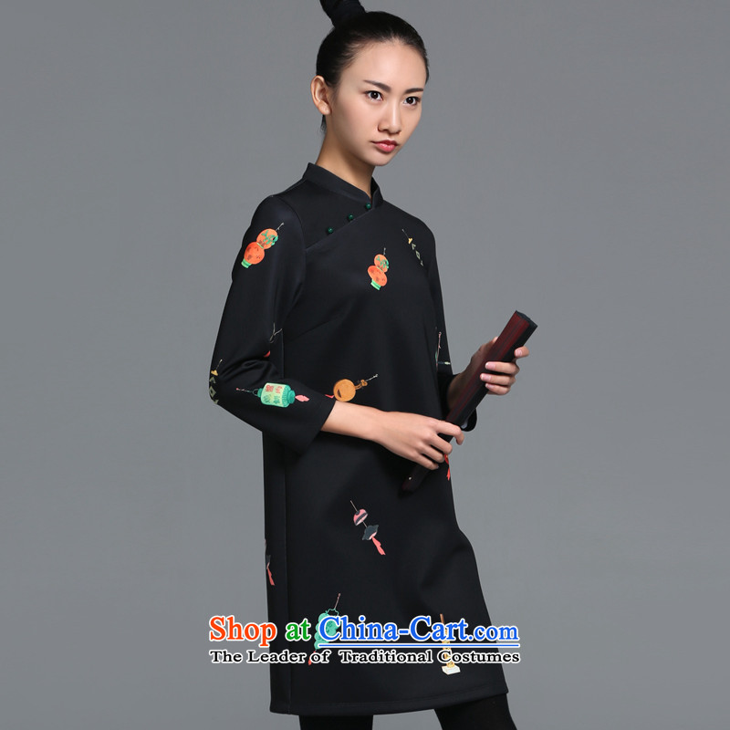【 mustard original health night patrols/New Chinese collar ramp up the skirt China wind customized stamp improved long-sleeved autumn load female qipao qipao stamp spot xl, mustard original (zenmo) , , , shopping on the Internet