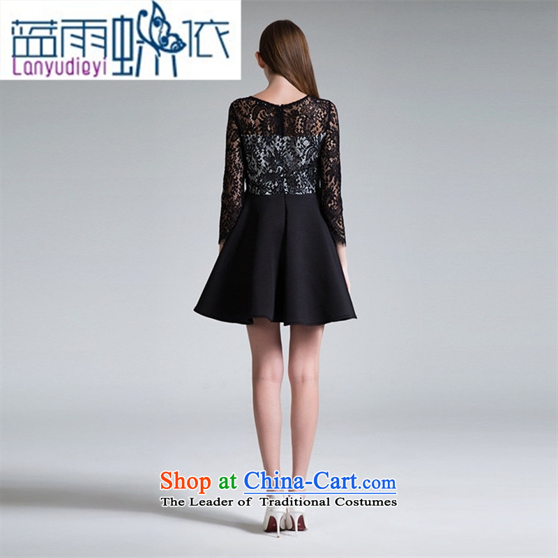 Ya-ting shop European station 2015 Autumn new black women's spell checker, lace skirt Fashion Sau San wild dresses picture color M Blue rain butterfly according to , , , shopping on the Internet