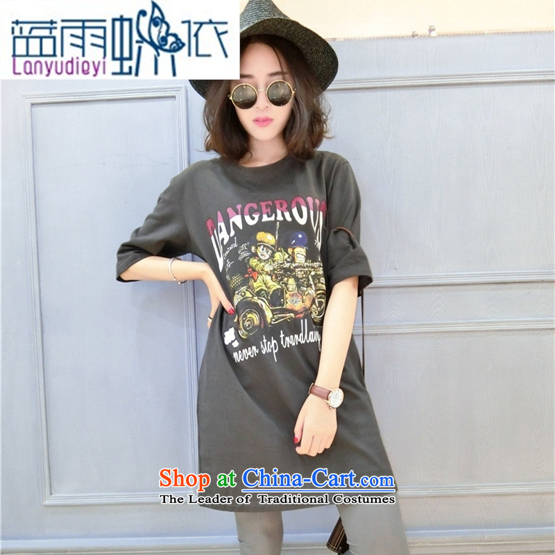 Ya-ting Shop Boxed new autumn 2015 Korean version of T-shirts, cuff round-neck collar loose long cartoon figure forming the Pure cotton T-shirt, blue code are black rain butterfly according to , , , shopping on the Internet