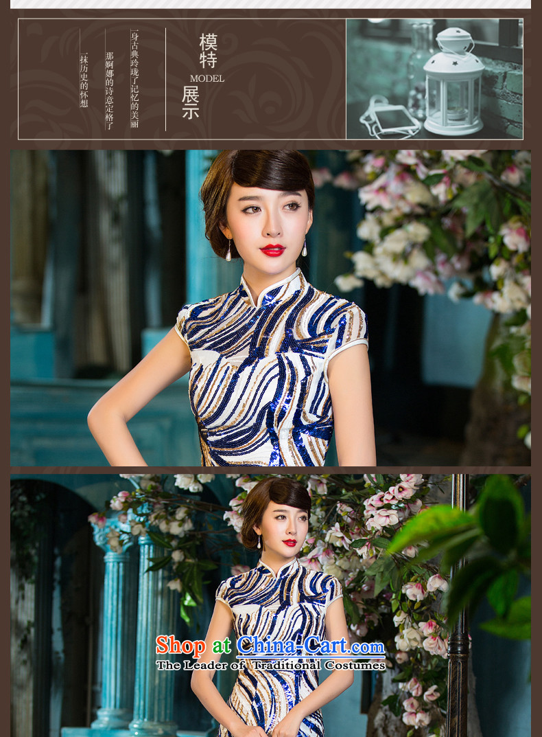 Eason Chan point cheongsam dress 2015 new short-sleeved autumn Sau San Spangle Embroidery blue stripes of the forklift truck and stylish long gown of blue and white XL Photo, prices, brand platters! The elections are supplied in the national character of distribution, so action, buy now enjoy more preferential! As soon as possible.