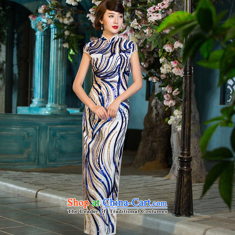 Eason Chan point cheongsam dress 2015 new short-sleeved autumn Sau San Spangle Embroidery blue stripes of the forklift truck and stylish long gown of blue and white XL, Eason Chan point , , , shopping on the Internet