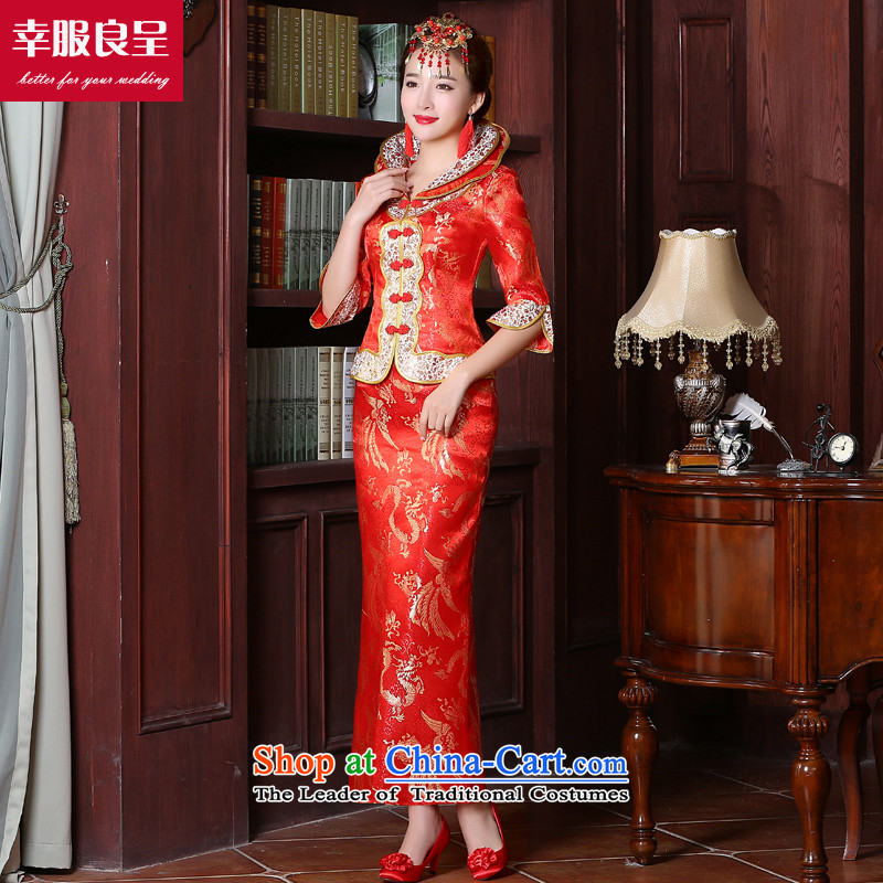 Toasting champagne bride services serving Chinese style wedding dresses marriage red large stylish wedding dress code 2015 new autumn and winter long sleeve length of 7 S honor to serve the skirt-leung , , , shopping on the Internet