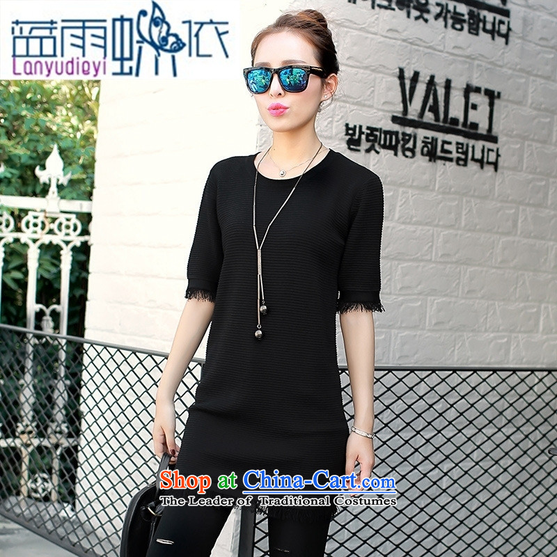 Ya-ting 2015 fall for the new shop for women in the medium to long term, Solid Color round-neck collar edging under the fifth forming the cuff-sleeved black are code, blue rain butterfly according to , , , shopping on the Internet