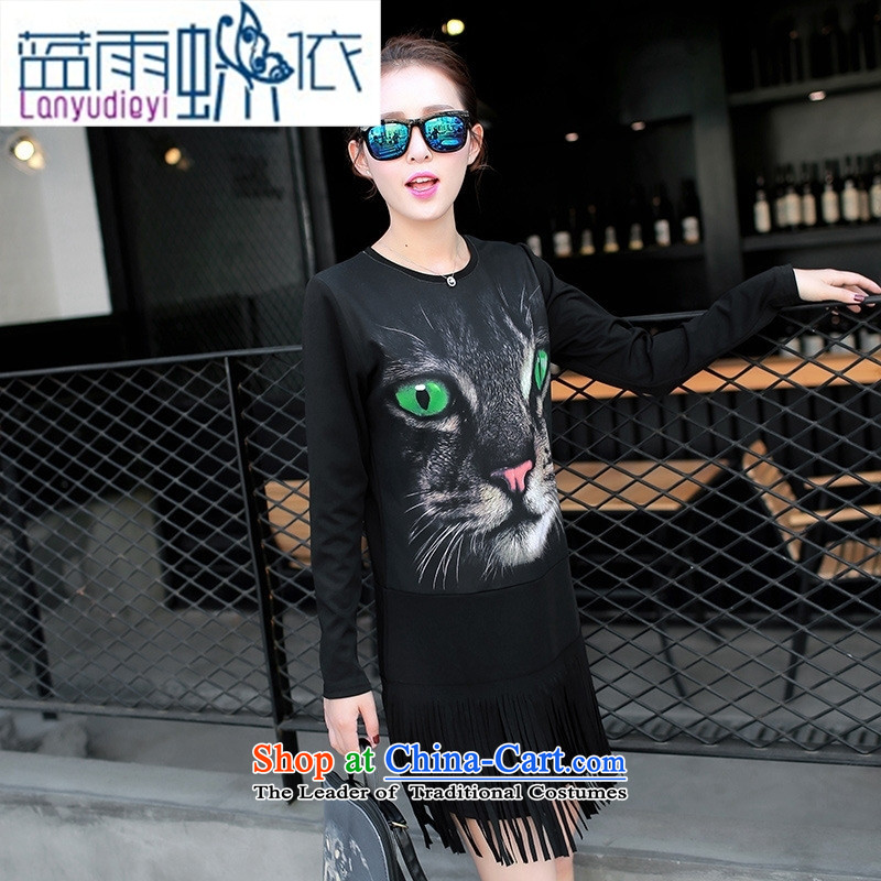 Ya-ting Shop Boxed new autumn 2015 Female European site long round-neck collar long-sleeved T-shirt, forming the edging shirt cats black M Blue rain butterfly according to , , , shopping on the Internet
