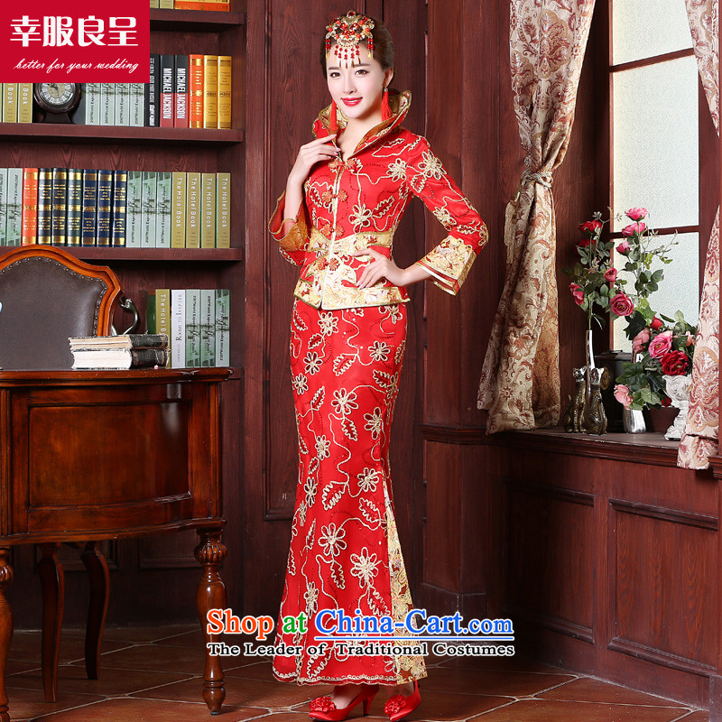 Red bride bows to marry qipao gown Chinese style wedding 2015 new women's dresses long large stylish 9 cuff crowsfoot skirt?2XL
