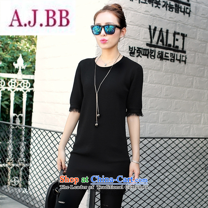 Ya-ting stylish shops 2015 Autumn new for women in the medium to long term, Solid Color round-neck collar edging under the fifth forming the cuff-sleeved black are code ,A.J.BB,,, shopping on the Internet
