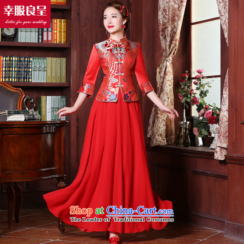 However Service Chinese qipao marriage bride wedding dress red long 2015 New Fall Classics pack of 7 female wedding gown sleeve length skirts chiffon M honor services-leung , , , shopping on the Internet