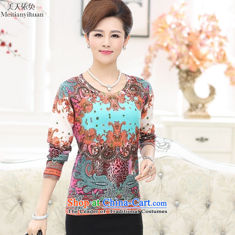 Older women fall in long-sleeved shirt with middle-aged moms knitted casual shirt collar stamp sweaters worth 110 American day blue flowers in accordance with the property (meitianyihuan) , , , shopping on the Internet