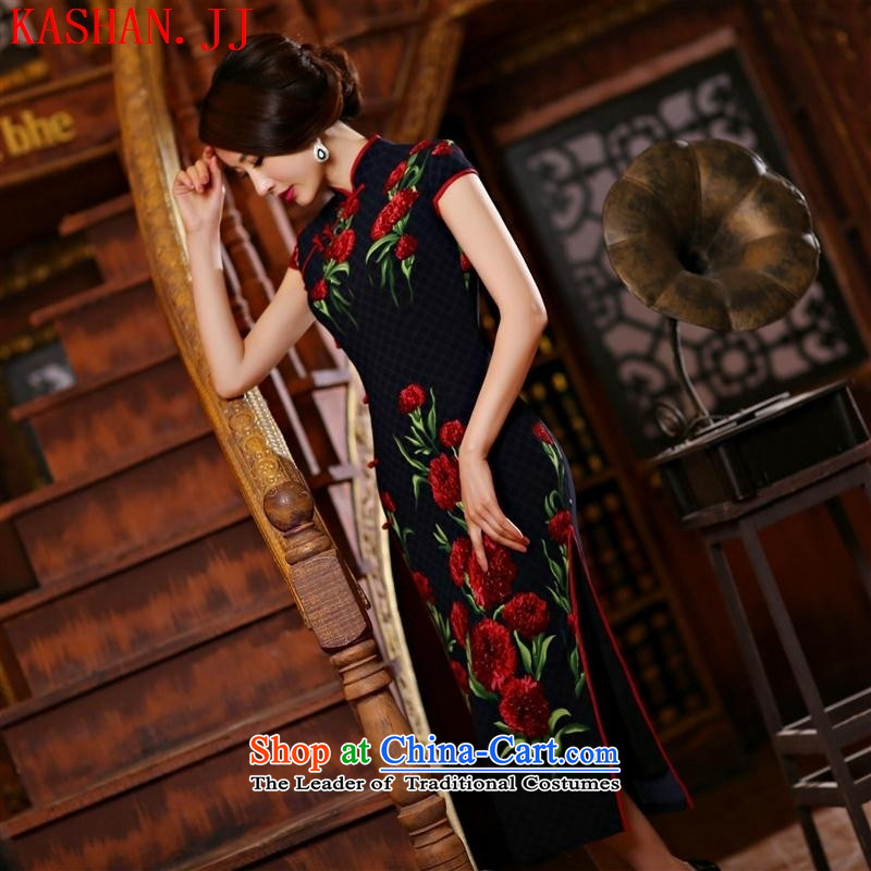 Mano-hwan's new stylish improved、Qipao Length sleeveless cheongsam dress qipao antique dresses qipao navy blue?M