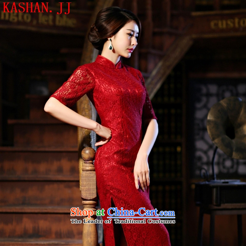 Mano-hwan's new improved cheongsam dress the Sau San retro graphics thin dress long lace short-sleeved qipao wine red, XL, Susan Sarandon Zaoyuan (KASHAN.JJ card) , , , shopping on the Internet