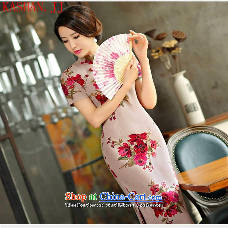 Mano-hwan, decorated in spring and summer 2015 qipao and video thin large short-sleeved improved linen long skirt qipao garden?XL