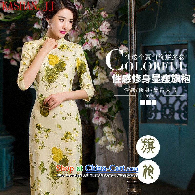 Mano-hwan's Summer 2015 Autumn Stylish retro Sau San Graphics Improvement linen long thin) cuff cheongsam dress day lilies M Card Shan House (KASHAN.JJ) , , , shopping on the Internet