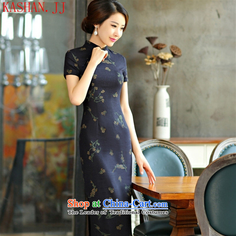 Mano-hwan, decorated in spring and summer 2015 qipao and video thin large short-sleeved improved long qipao retro Linen Dress Samui Orchid Samui blue?XL