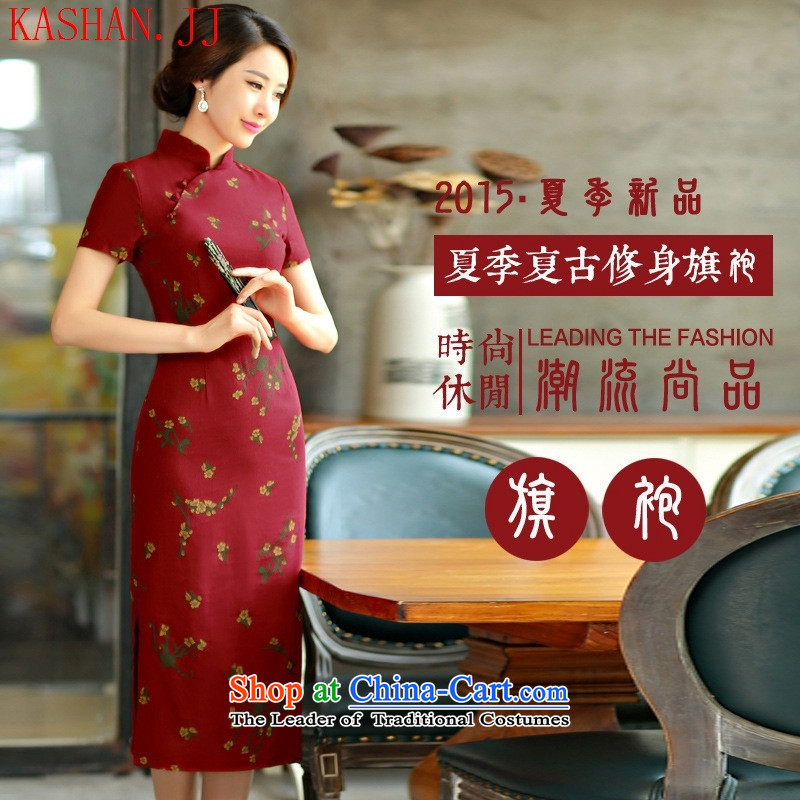Mano-hwan, decorated in spring and summer graphics thin large short-sleeved improved arts linen long cheongsam dress Samui Red Samui Red?M