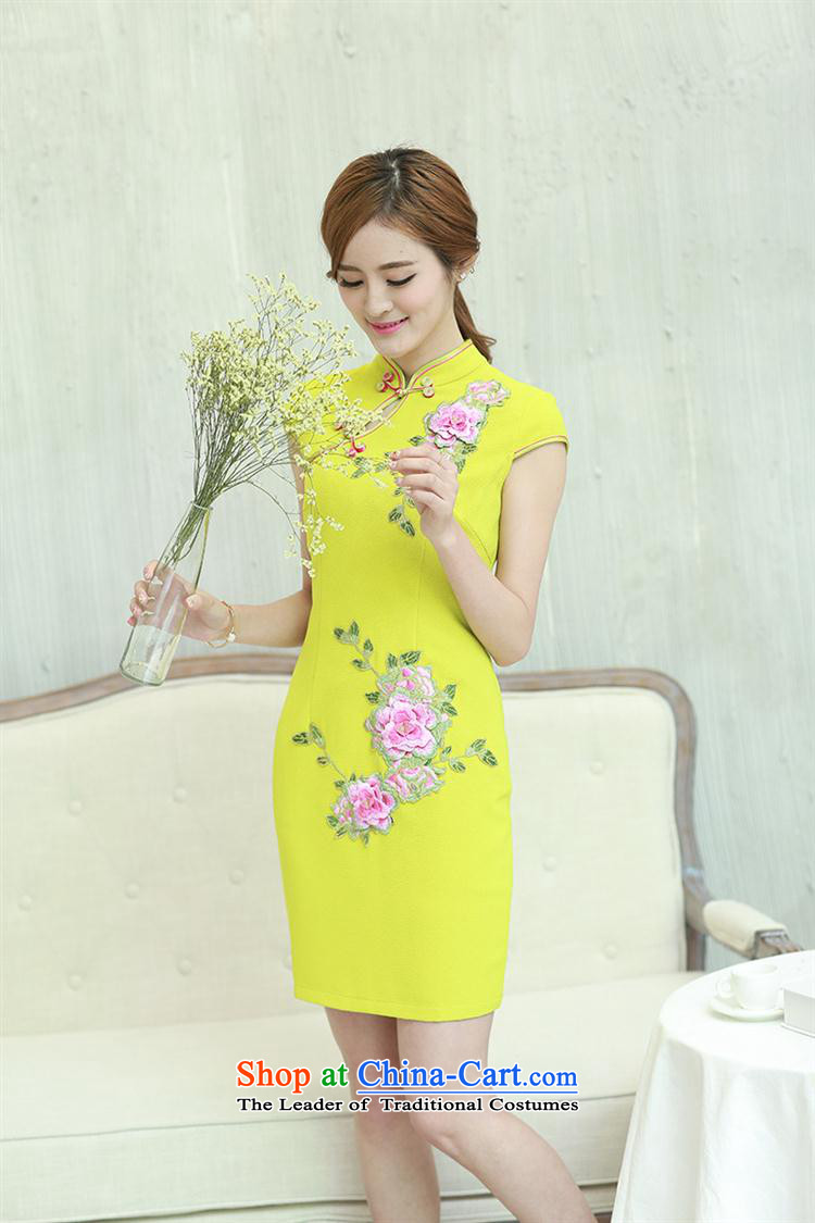 Mano-hwan's 2015 new summer qipao short-sleeved 7 cuff embroidered improved daily embroidery qipao retro dresses lemon yellow XL Photo, prices, brand platters! The elections are supplied in the national character of distribution, so action, buy now enjoy more preferential! As soon as possible.